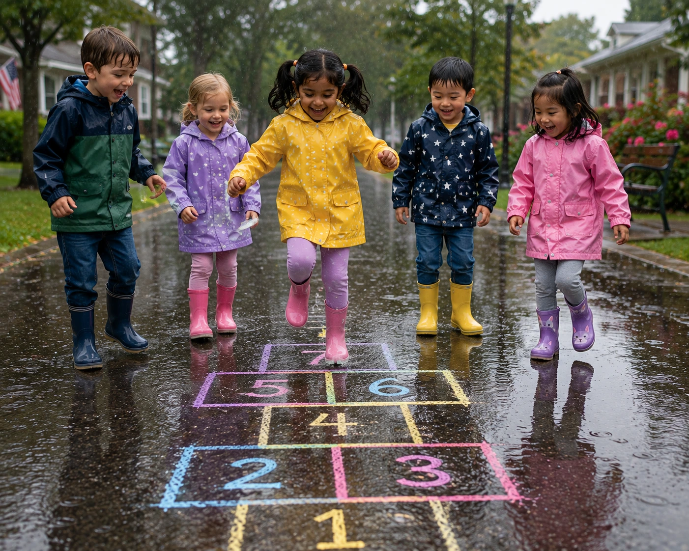 Kids playing Hopscotch on a rainy day !